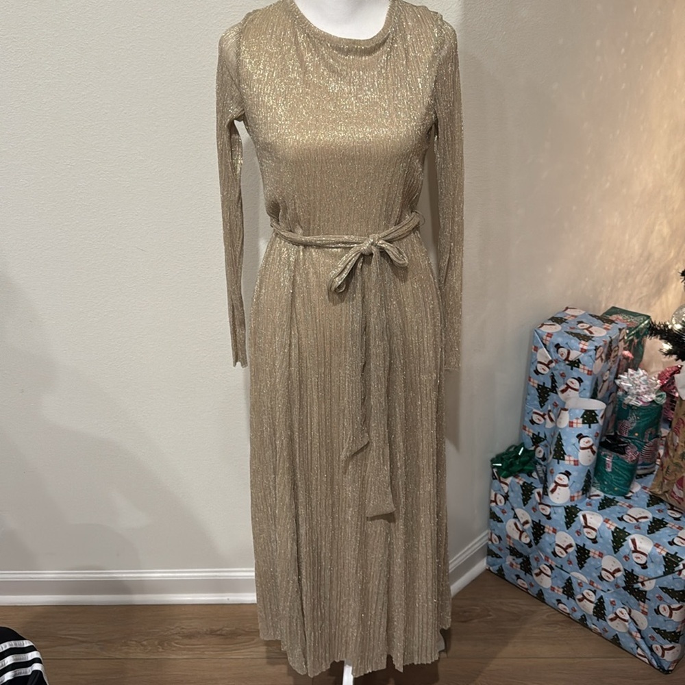 ANNE KLEIN Bella Crinkle gold Dress size 4 - Picture 2 of 9